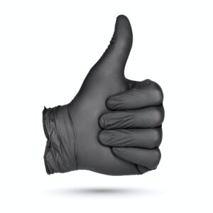Thumbs-up sign. Hand in black nitrile glove isolated.
